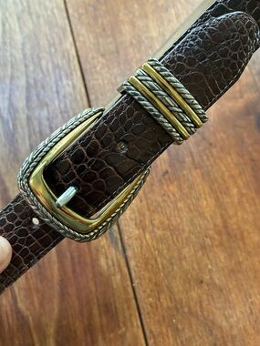 Brighton Brown Croc-Embossed Leather Belt with Gold & Silver Buckle